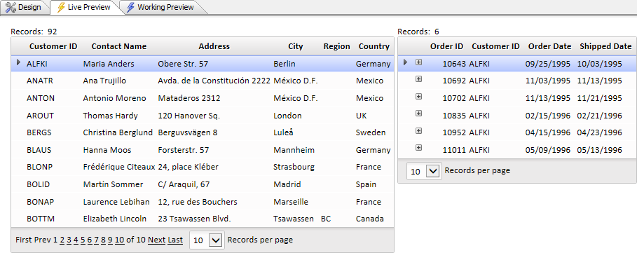 The Customers Grid with the Orders shown in the Linked Content Section on the right.